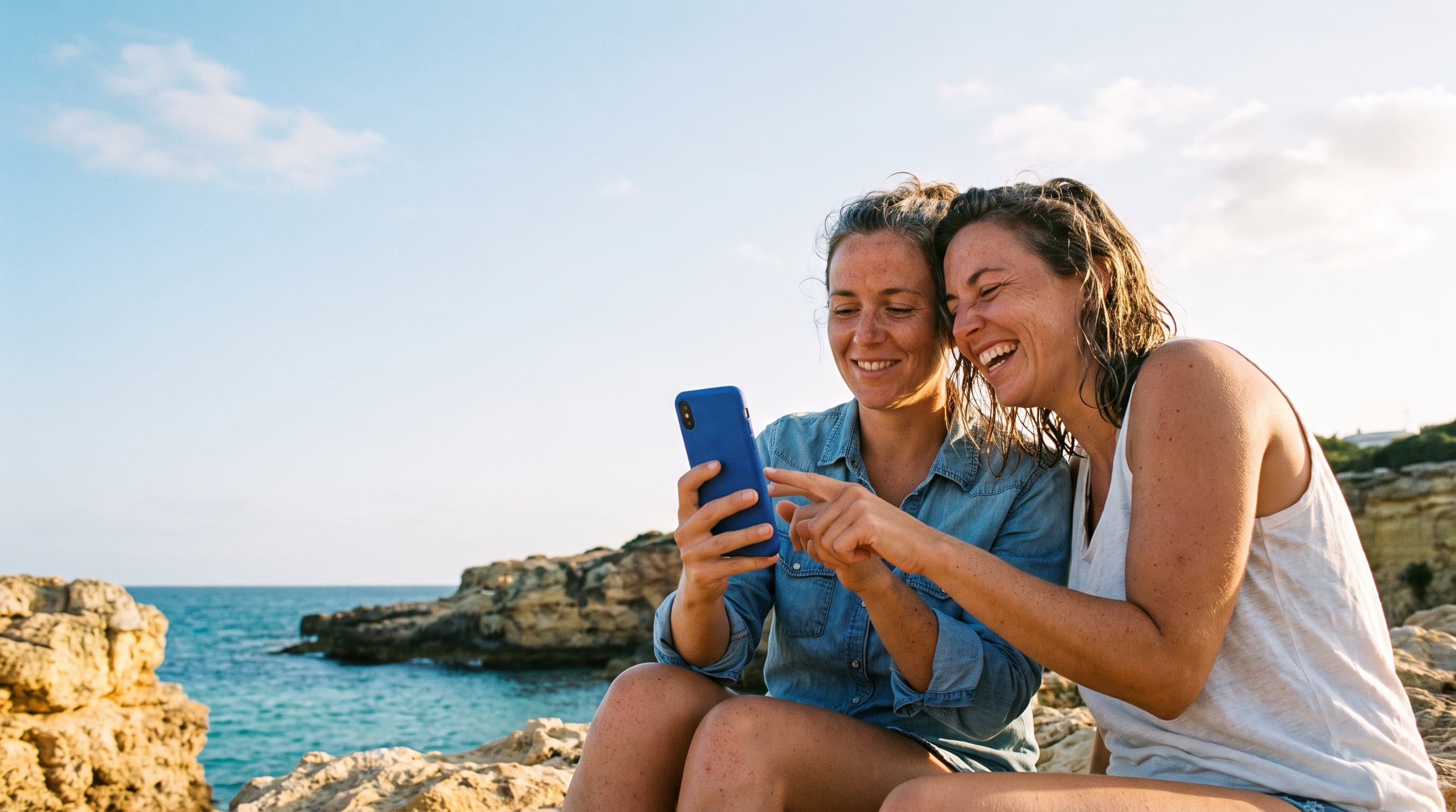 Deux amies rient devant un téléphone, assises sur les rochers au-dessus d’une crique de l’Algarve