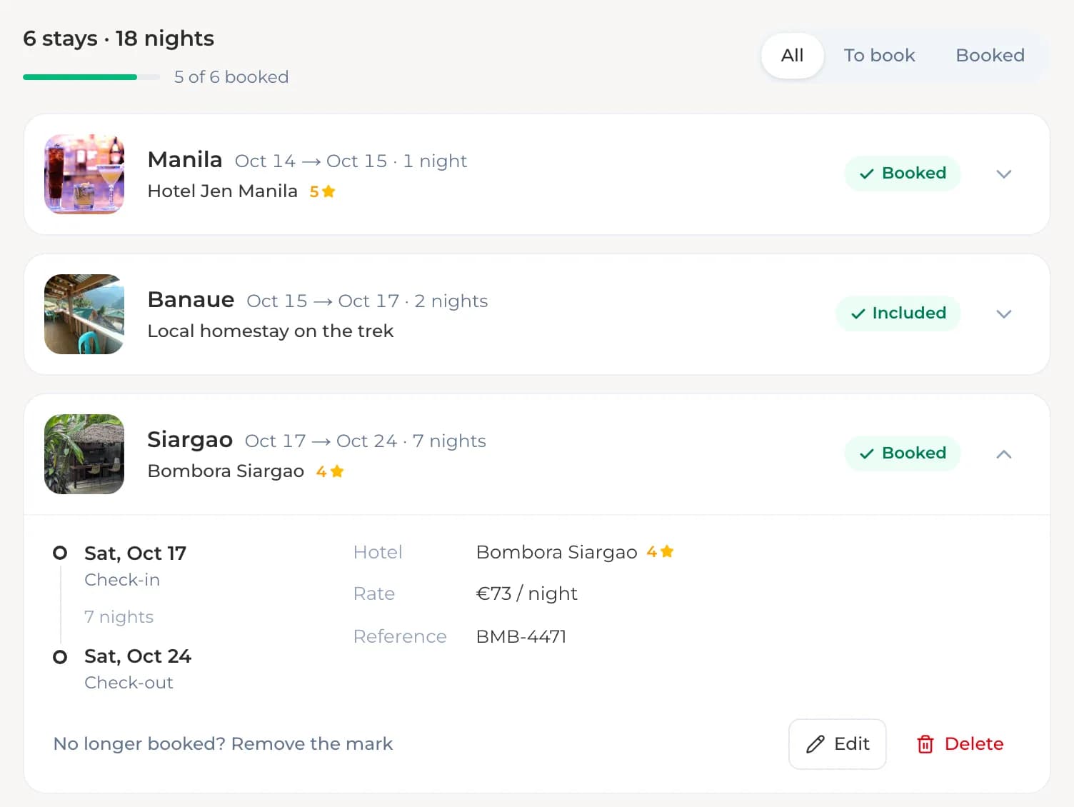 Les étapes du voyage et leurs hôtels, la réservation de Siargao dépliée avec sa référence, et la carte Evadan Hotels