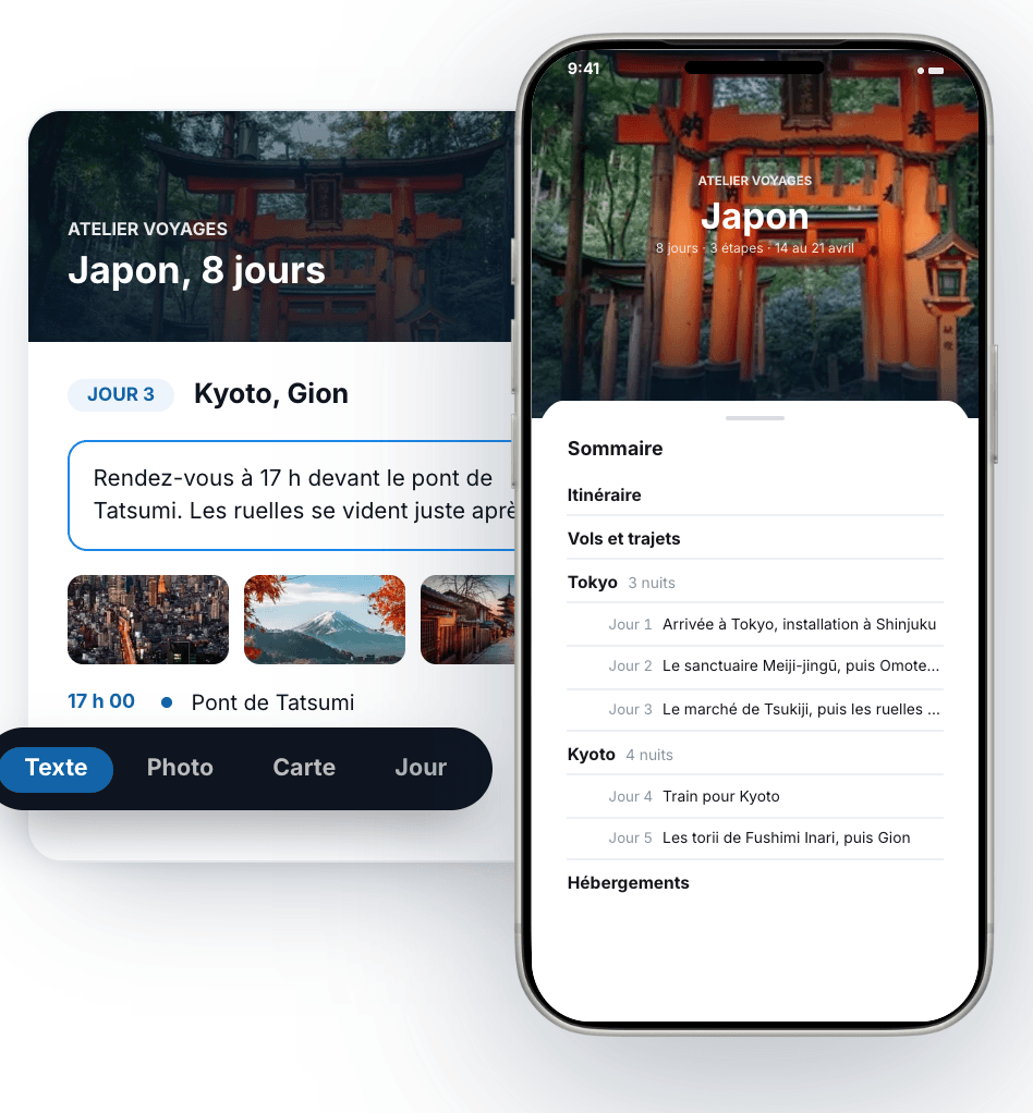 Carnet de voyage au Japon à la marque d’une agence, sur ordinateur et sur iPhone