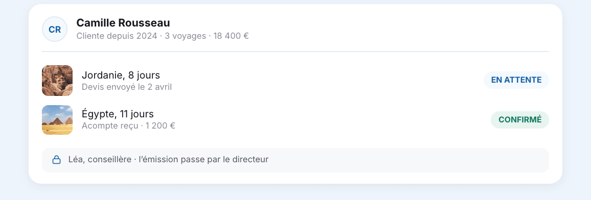 Fiche client dans Evadan Pro : deux voyages, l’un dont le devis attend une réponse, l’autre confirmé avec son acompte